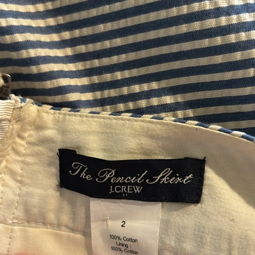 J.Crew Black Label The Pencil Skirt Sz 2 Seersucker Blue White Cotton Knee
